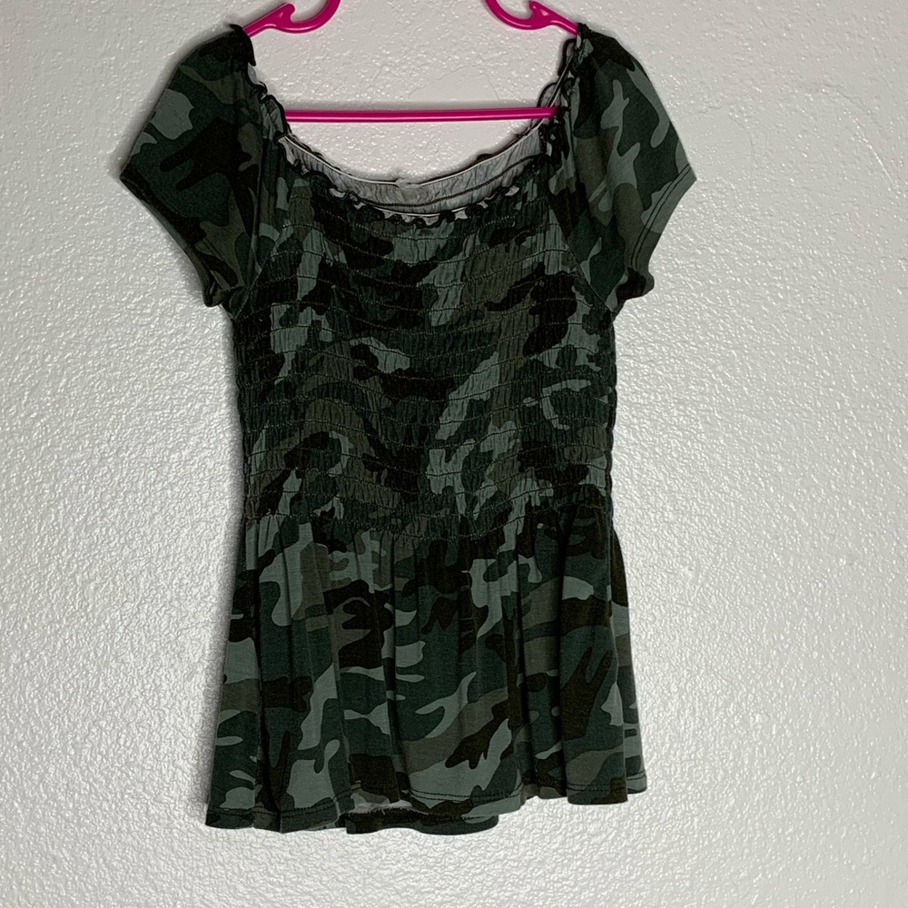 Justice Off the Shoulder Camo Top